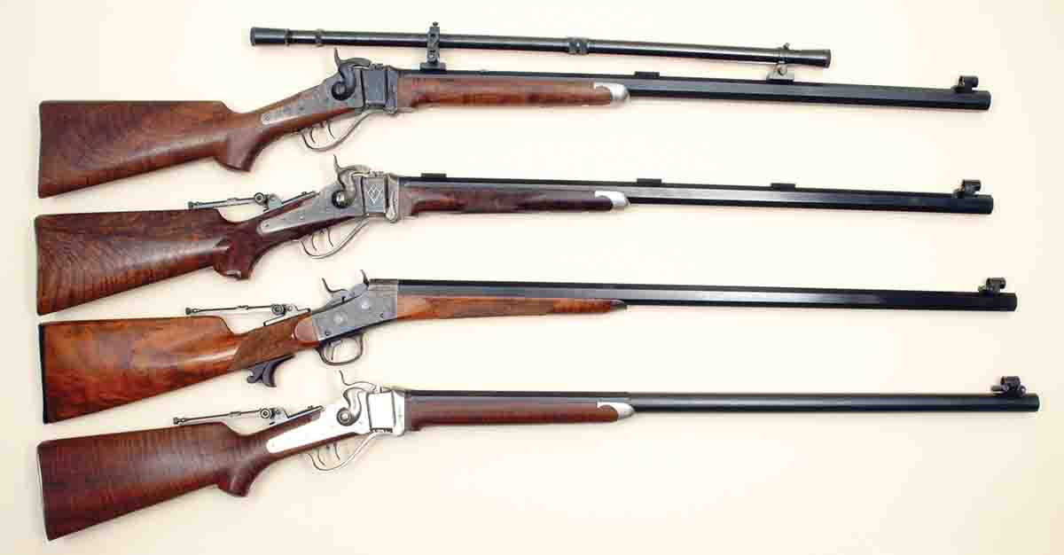 At one time, Mike owned all these .45-70 rifles and used them in NRA BPCR Silhouette and NRA Black Powder Target matches. Only the top one remains now. Top to bottom: Shiloh Model 1874 Rough Rider, Shiloh Model 1874 No.1, custom-built Remington No. 1 rolling block and C. Sharps Arms Model 1874 Long Range.